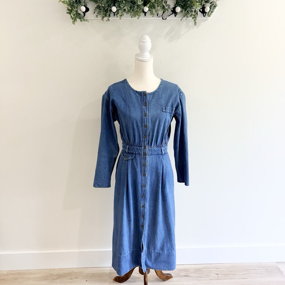 Vintage Eileen West Long Sleeve Button Front Denim Mid Length Dress 12 QQ4623